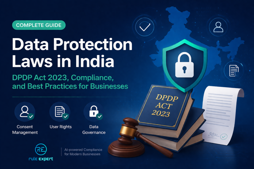 Data protection laws in India infographic showing DPDP Act 2023, consent rules, data security, user rights, and compliance risks