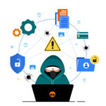 An illustration of a hooded hacker behind a laptop with a skull icon, surrounded by a network of digital icons representing a Data Breach. The icons include broken shields, open locks, malware bugs, credit cards, and sensitive files, all connected by dotted lines to symbolize the vulnerability of personal and financial information during a cyberattack.