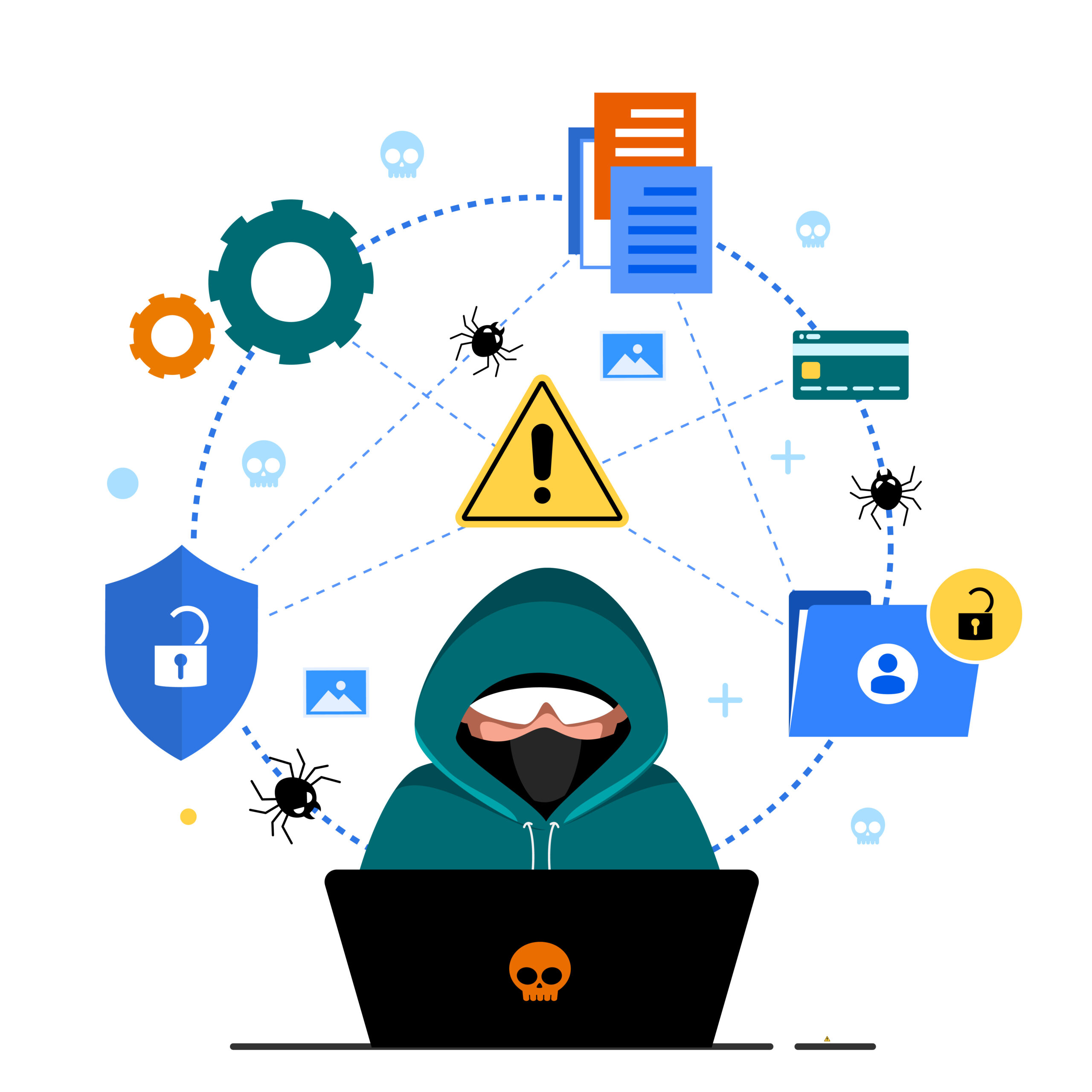 An illustration of a hooded hacker behind a laptop with a skull icon, surrounded by a network of digital icons representing a Data Breach. The icons include broken shields, open locks, malware bugs, credit cards, and sensitive files, all connected by dotted lines to symbolize the vulnerability of personal and financial information during a cyberattack.